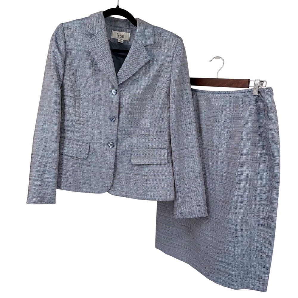Le Suit Womens 10 Blazer Jacket Blue Grey Textured 3-Button Professional Office